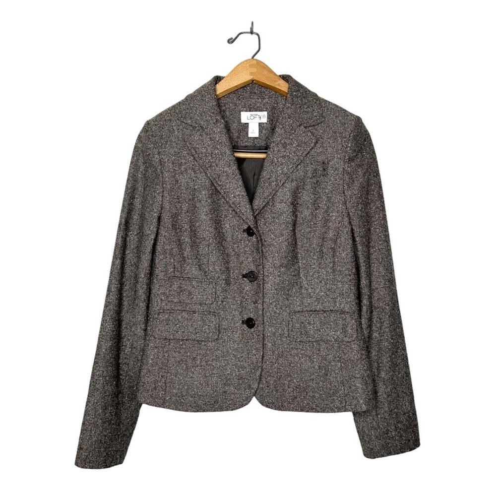 Ann Taylor LOFT Neutral Wool Blend Tweed Business Casual Blazer Jacket 4‎
